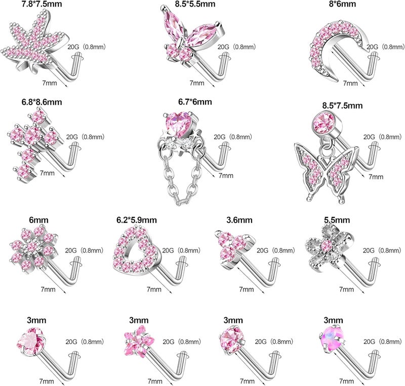 Drperfect Gold Silver Nose Rings Nose Studs for Women Nose Piercings 20G L Shaped Corkscrew Dangle Nose Rings Studs Simulated Diamond Pink CZ Opal Dangling Dangly Hanging Nose Piercing Jewelry with Heart Star Butterfly Flower Cross Moon Charm Cute Dainty Nose Jewelry - Image 5